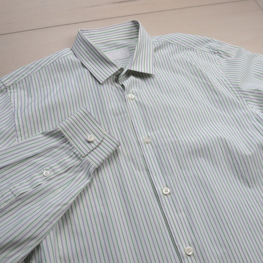 Prada Dress Shirt Mens 15 3/4 40 Striped Grene Blue Button Up Made in Italy